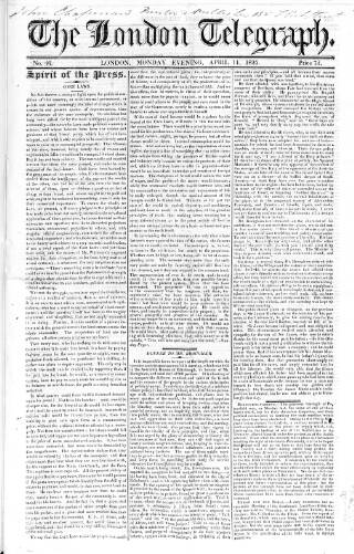 cover page of London Telegraph published on April 11, 1825