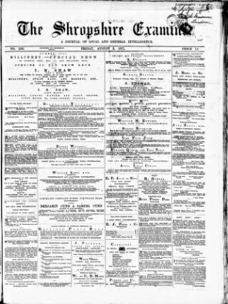 cover page of Shropshire Examiner published on August 3, 1877
