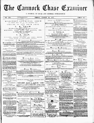 cover page of Cannock Chase Examiner published on August 24, 1877