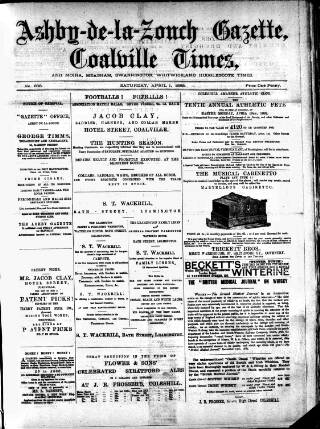 cover page of Ashby-de-la-Zouch Gazette published on April 1, 1882