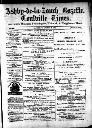 cover page of Ashby-de-la-Zouch Gazette published on August 2, 1884