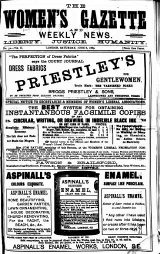 cover page of Women's Gazette & Weekly News published on June 8, 1889