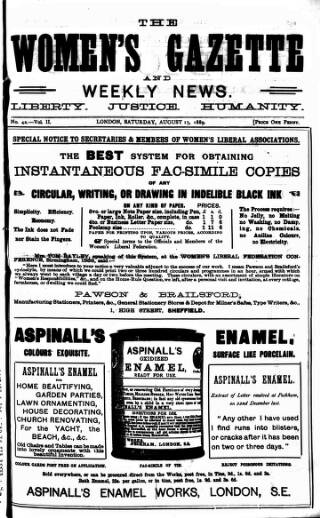cover page of Women's Gazette & Weekly News published on August 17, 1889