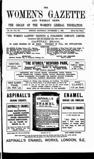 cover page of Women's Gazette & Weekly News published on November 2, 1889