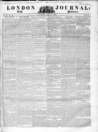 cover page of London Journal and Pioneer Newspaper published on April 11, 1846
