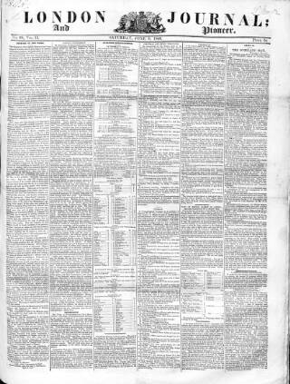 cover page of London Journal and Pioneer Newspaper published on June 6, 1846