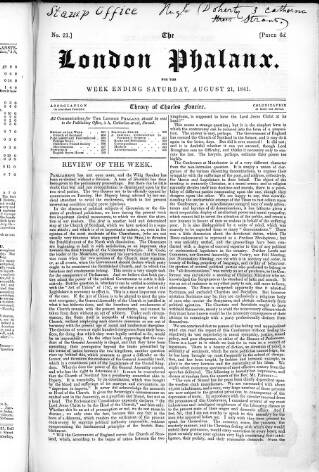 cover page of London Phalanx published on August 21, 1841