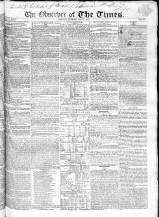 cover page of Observer of the Times published on April 1, 1821