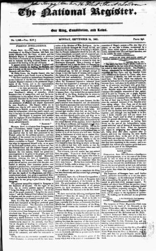 cover page of National Register (London) published on September 24, 1821