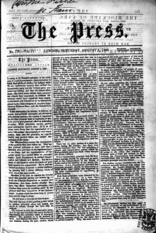cover page of Press (London) published on August 2, 1856