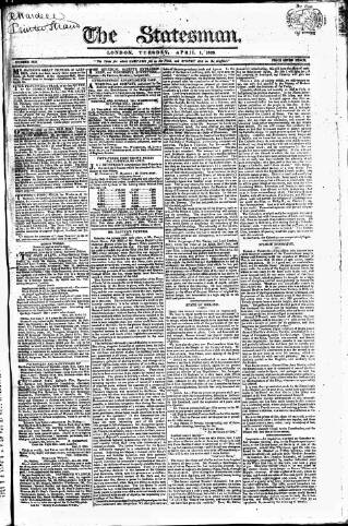 cover page of Statesman (London) published on April 1, 1823