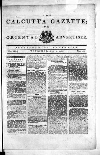 cover page of Calcutta Gazette published on April 1, 1790