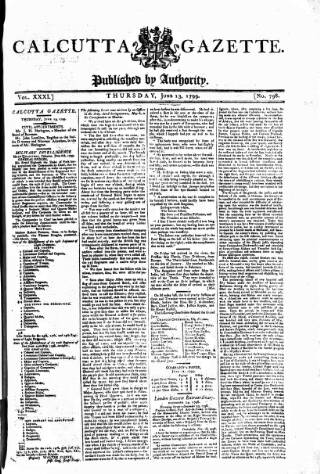 cover page of Calcutta Gazette published on June 13, 1799