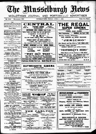 cover page of Musselburgh News published on April 1, 1938