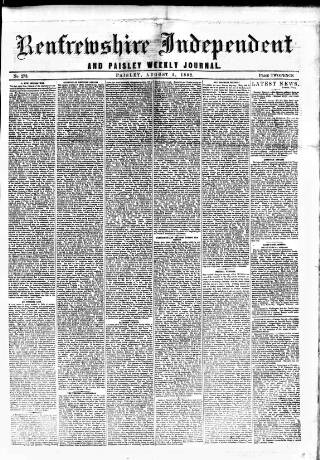 cover page of Renfrewshire Independent published on August 2, 1862