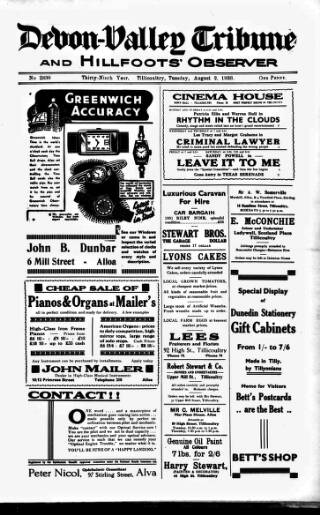 cover page of Devon Valley Tribune published on August 2, 1938