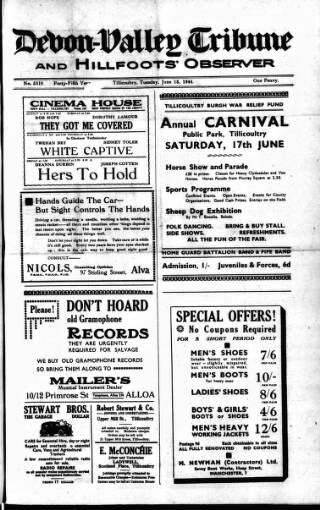cover page of Devon Valley Tribune published on June 13, 1944