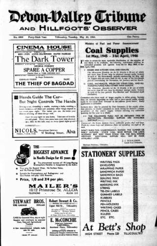 cover page of Devon Valley Tribune published on May 22, 1945
