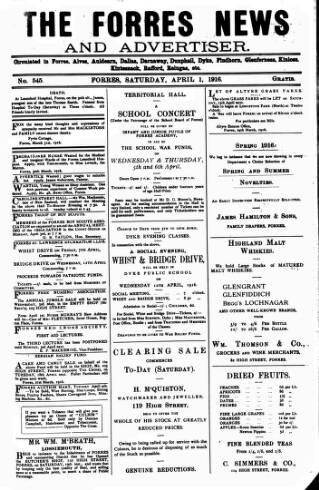 cover page of Forres News and Advertiser published on April 1, 1916