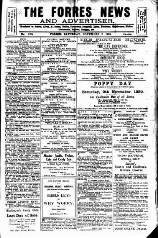 cover page of Forres News and Advertiser published on November 2, 1929