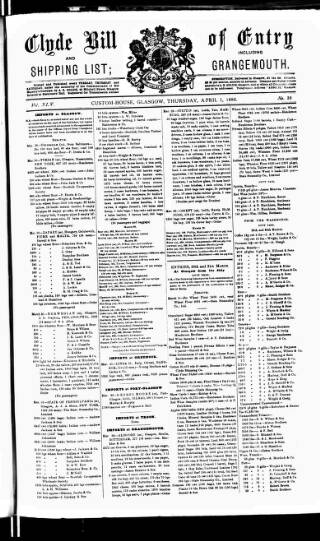 cover page of Clyde Bill of Entry and Shipping List published on April 1, 1886