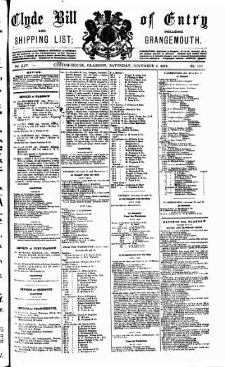 cover page of Clyde Bill of Entry and Shipping List published on November 2, 1895
