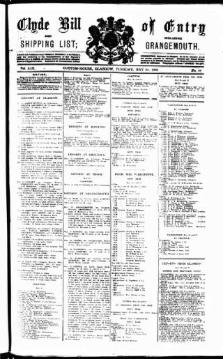 cover page of Clyde Bill of Entry and Shipping List published on May 22, 1900
