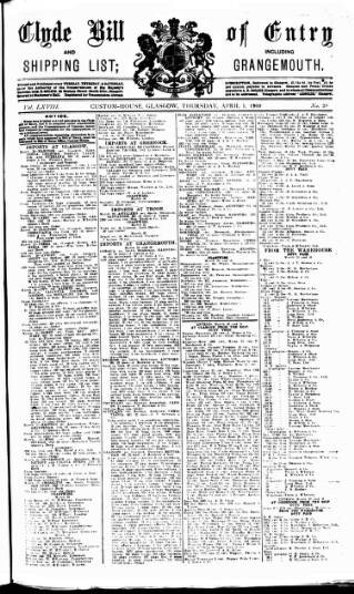 cover page of Clyde Bill of Entry and Shipping List published on April 1, 1909
