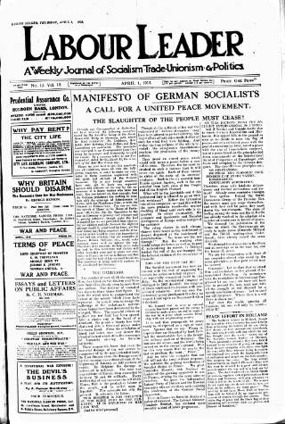 cover page of Labour Leader published on April 1, 1915