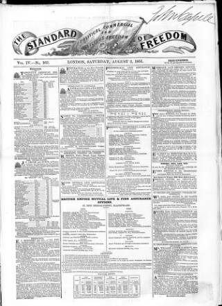 cover page of Standard of Freedom published on August 2, 1851