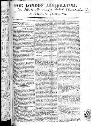 cover page of London Moderator and National Adviser published on August 2, 1820