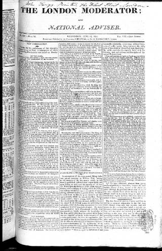 cover page of London Moderator and National Adviser published on June 13, 1821