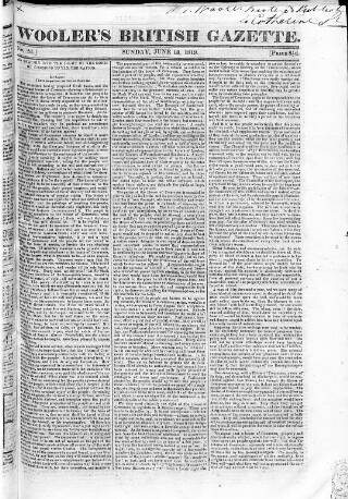 cover page of Wooler's British Gazette published on June 13, 1819