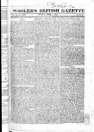 cover page of Wooler's British Gazette published on April 1, 1821
