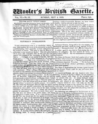 cover page of Wooler's British Gazette published on May 4, 1823