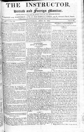 cover page of Instructor and Select Weekly Advertiser published on June 14, 1815