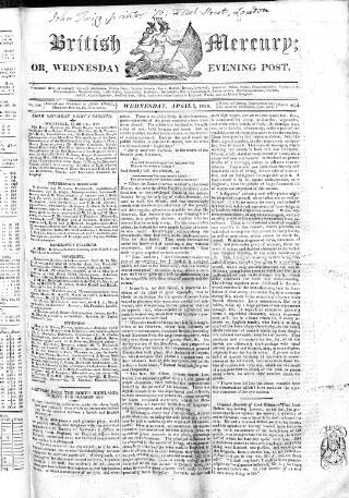 cover page of British Mercury or Wednesday Evening Post published on April 1, 1818