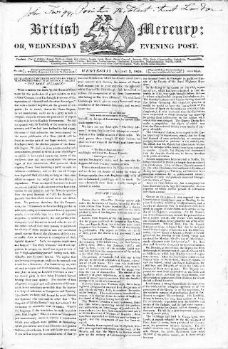 cover page of British Mercury or Wednesday Evening Post published on August 2, 1820