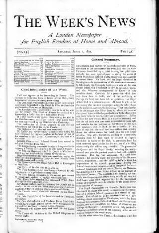 cover page of Week's News (London) published on April 1, 1871