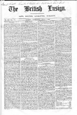 cover page of British Ensign published on April 1, 1863