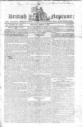 cover page of British Neptune published on April 1, 1822