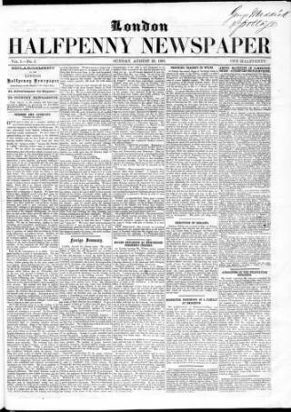 cover page of London Halfpenny Newspaper published on August 25, 1861