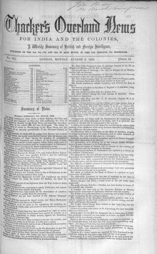 cover page of Thacker's Overland News for India and the Colonies published on August 2, 1858