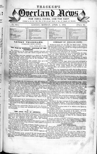 cover page of Thacker's Overland News for India and the Colonies published on April 4, 1864