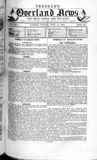 cover page of Thacker's Overland News for India and the Colonies published on June 10, 1864