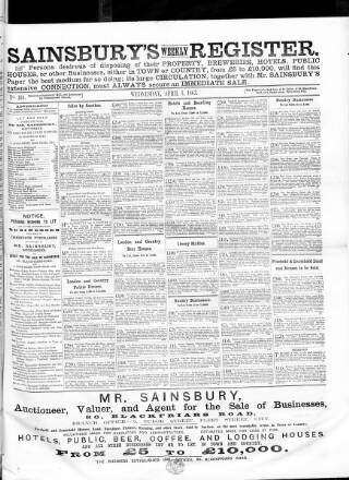 cover page of Sainsbury's Weekly Register and Advertising Journal published on April 1, 1863