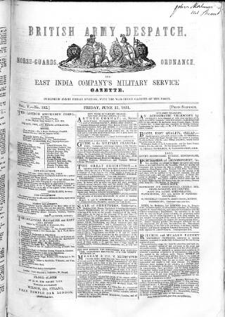 cover page of British Army Despatch published on June 13, 1851