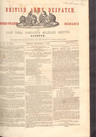 cover page of British Army Despatch published on October 1, 1852