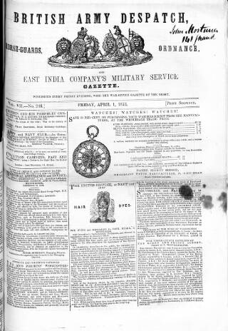 cover page of British Army Despatch published on April 1, 1853