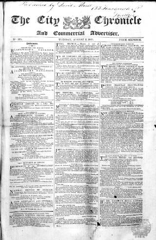 cover page of City Chronicle published on August 2, 1842